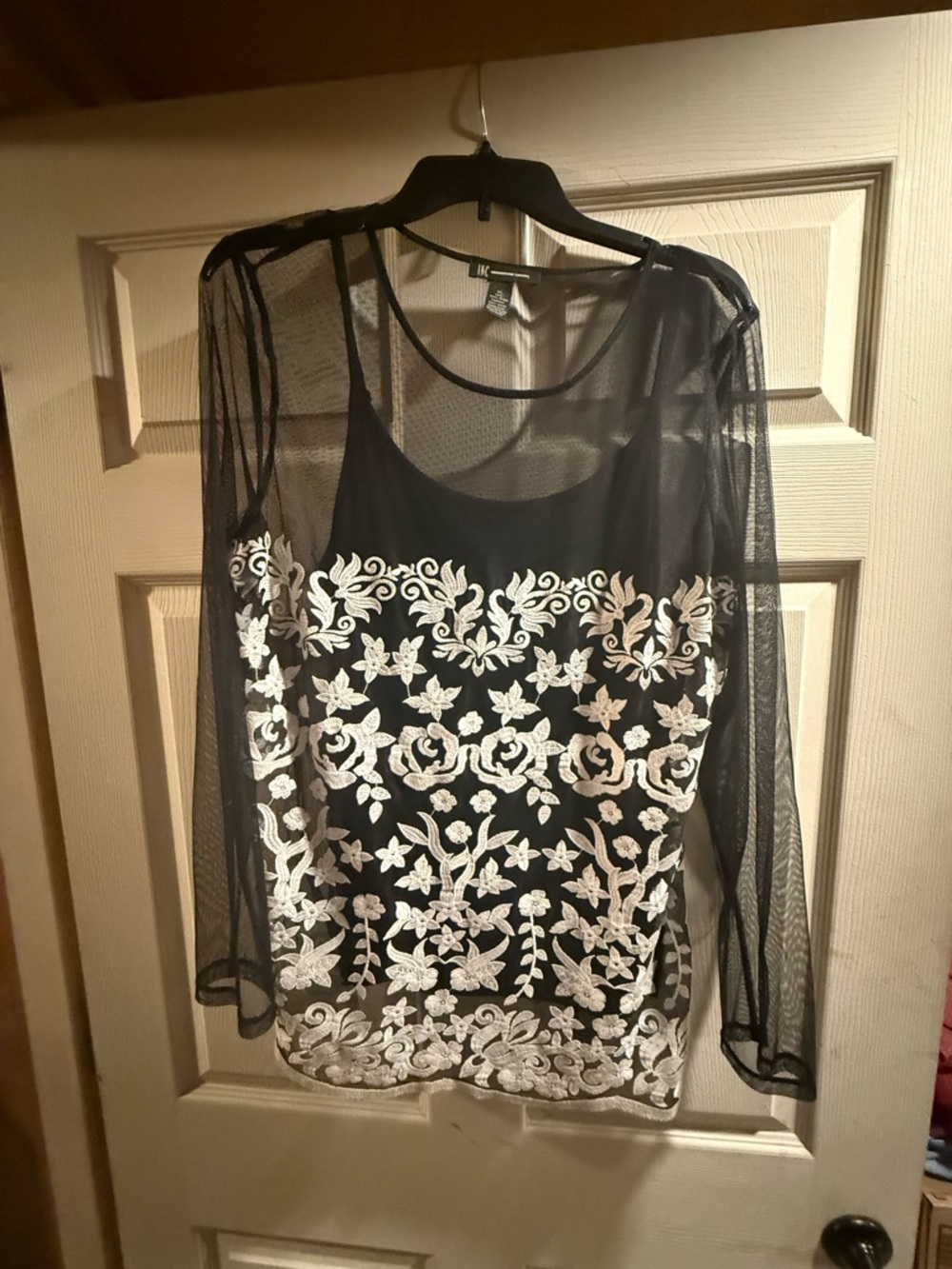 Black Mesh Top with White Floral Embroidery